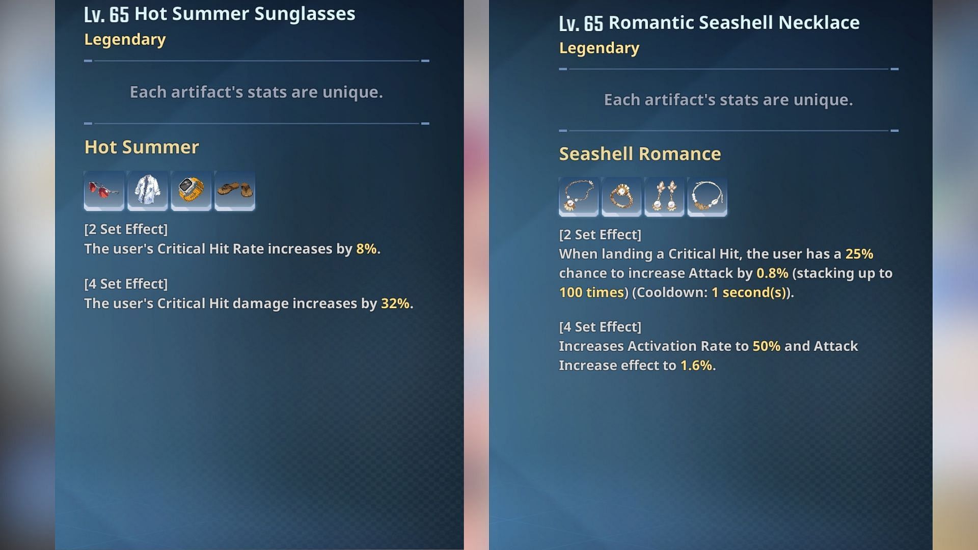 Set bonuses of Hot Summer and Romantic Seashell artifacts. (Image via Netmarble)